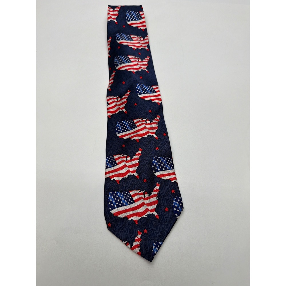 RM Style Ralph Marlin 1999 USA Flag Map Silk Tie Navy Blue Patriotic Americana